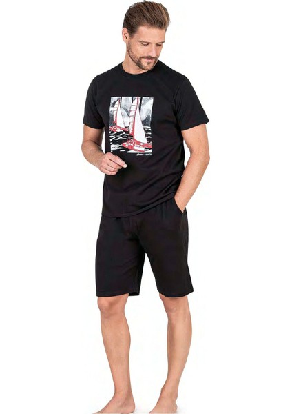 6039 Erkek Kısa Kollu Şortlu Pijama Takım-Siyah
