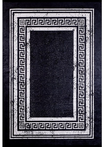 Modern Siyah Gri Çerçeveli Dijital Baskı Hipoalerjenik Kaymaz Taban Halı Yolluk