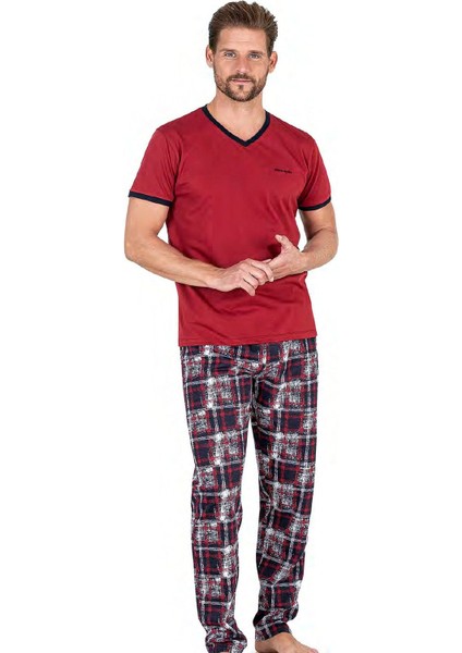 6046 Erkek Kısa Kollu Penye Pijama Takımı-Bordo