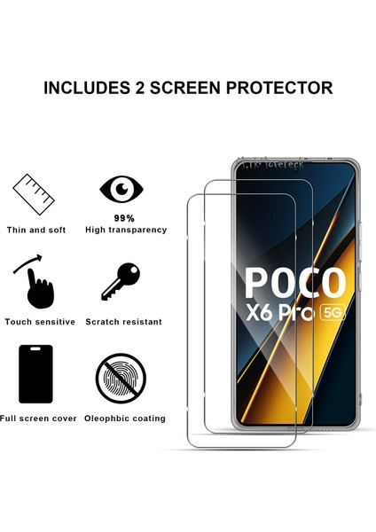 Xiaomi Poco X6 Pro Kılıf Kamera Çıkıntılı Yumuşak Şeffaf Silikon + 9h Ekran Koruyucu Cam Set