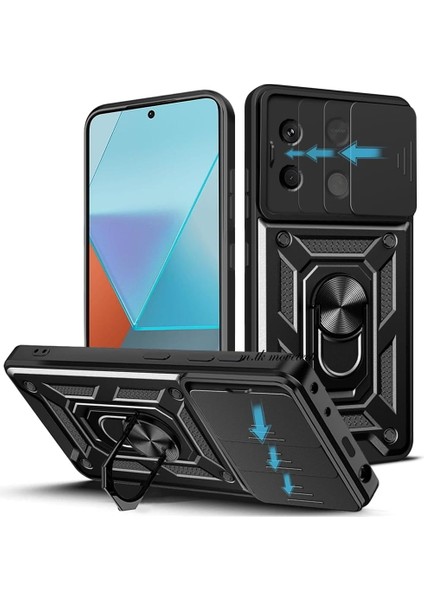 Poco X6 5g Uyumlu Kılıf Kamera Korumalı Sürgülü Yüzüklü Armor Military Tank Kızaklı Kapak
