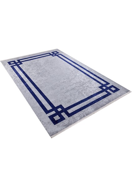 Modern Gri Lacivert Çerçeveli Dijital Baskı Hipoalerjenik Kaymaz Taban Halı Yolluk modelleri