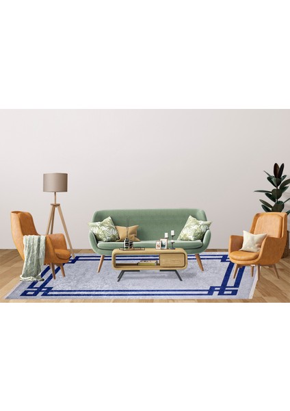 Modern Gri Lacivert Çerçeveli Dijital Baskı Hipoalerjenik Kaymaz Taban Halı Yolluk fırsatları