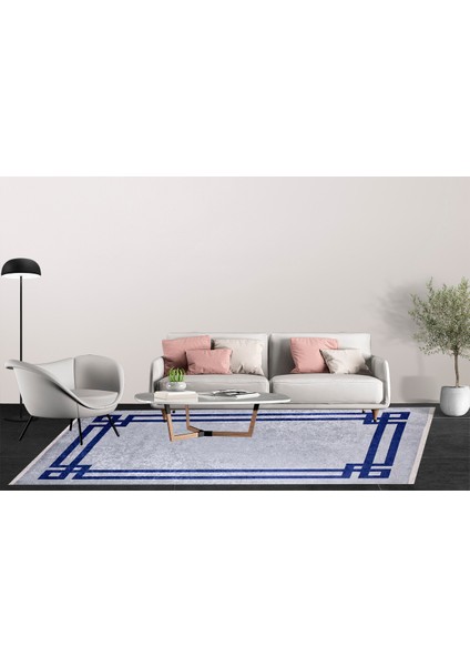 Modern Gri Lacivert Çerçeveli Dijital Baskı Hipoalerjenik Kaymaz Taban Halı Yolluk indirimleri