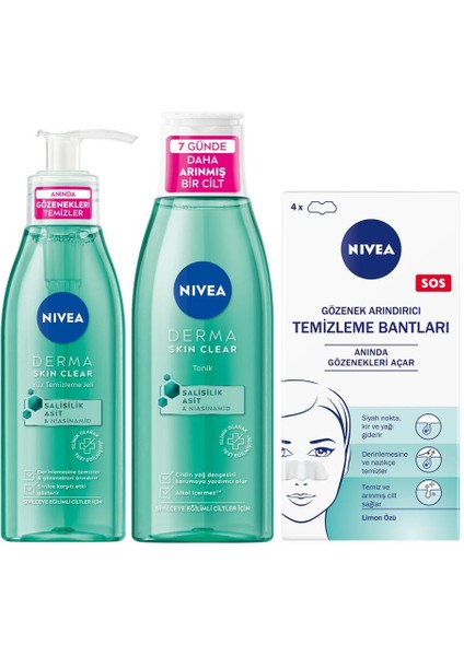 Derma Skin Clear Sivilce Karşıtı Yüz Temizleme Jeli, Tonik ve T-Bölgesi & Siyah Nokta Temizleyici Bant