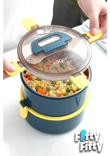 1600 ml Iki Kat Yuvarlak Paslanmaz Çelik Bento Lunch Box Yeni Nesil Sefer TASI-ÇATALLIKAŞIK-397