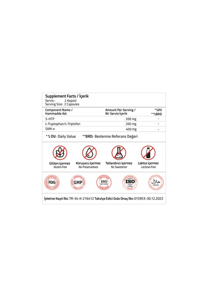 Extra Smile 5-HTTP 200 mg + L- Tryptophan 200 mg + Sam-e 400 mg 30 Capsules (Vcaps Plus) modelleri