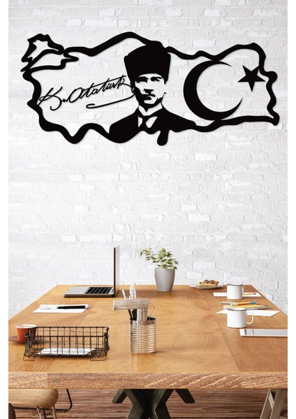 Atatürk Portreli Imzalı Türkiye Haritası Dekoratif Siyah Metal Duvar Ev & Ofis Tablosu