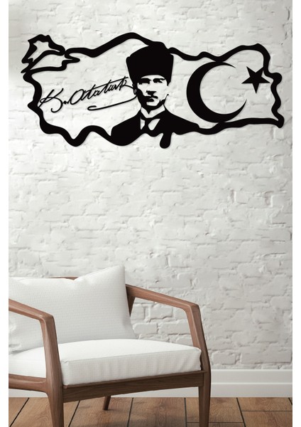 Atatürk Portreli Imzalı Türkiye Haritası Dekoratif Siyah Metal Duvar Ev & Ofis Tablosu fırsatları