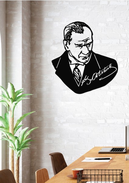 Gowpenart Dizayn Atatürk Takım Elbiseli Imzalı Siyah Metal Duvar Dekoru - Ev & Ofis Tablosu - Hediye Tablo