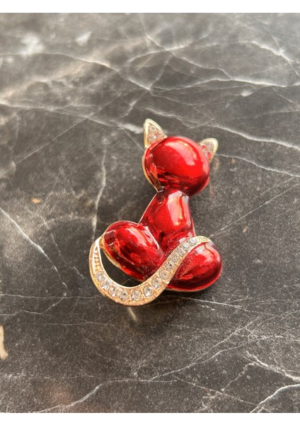 Kırmızı Taşlı Kedi Hediye Iğneli Çelik Kadın Broş fiyatları