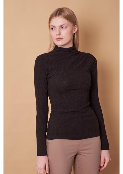 Kadın Kaşkorse Yarım Balıkçı Omuzları Pileli Uzun Kol Likralı İnce Triko Bluz-Siyah fiyatları