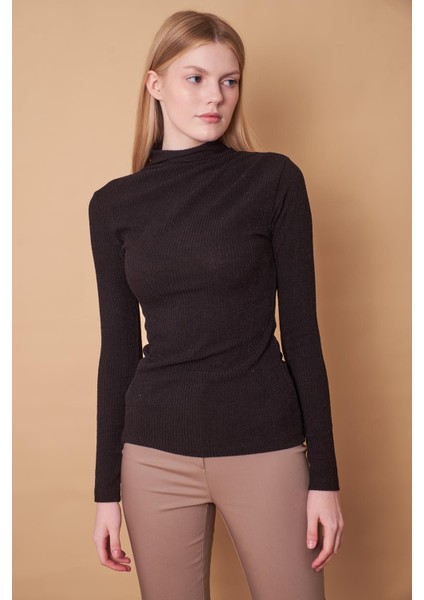 Kadın Kaşkorse Yarım Balıkçı Omuzları Pileli Uzun Kol Likralı İnce Triko Bluz-Siyah modelleri