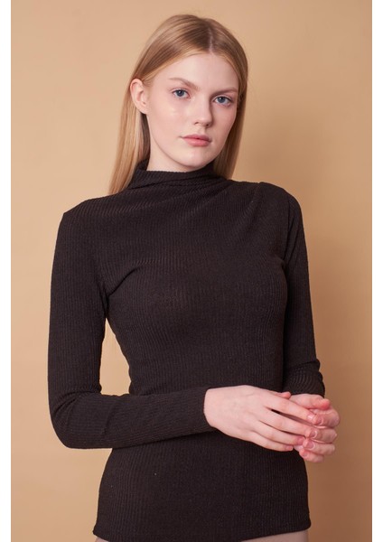 Kadın Kaşkorse Yarım Balıkçı Omuzları Pileli Uzun Kol Likralı İnce Triko Bluz-Siyah indirimleri