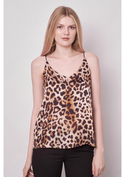 Desenli İp Askılı Likrasız Şık Kumaş Ceket İçi Bluz-Koyu Bej Leopar