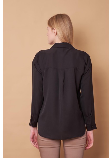 Kadın Yakalı Düşük Omuzlu Uzun Kol Likrasız Kumaş Gömlek-Siyah fiyatları