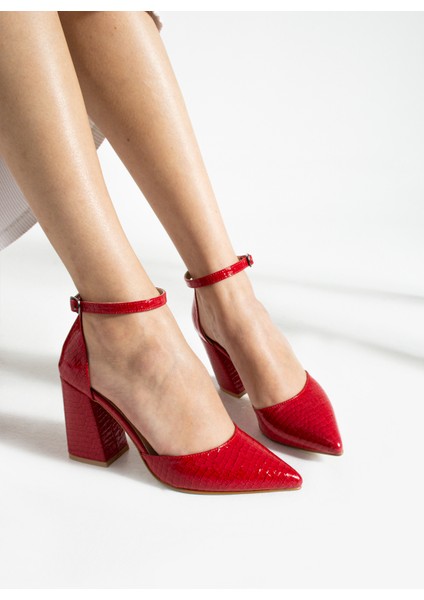 8,5 cm Kırmızı Yılan Derisı Desenli Kalın Topuk Stiletto Topuklu Ayakkabı modelleri