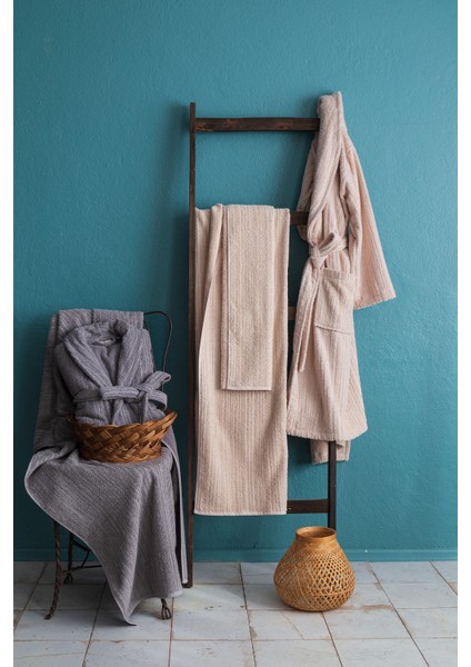 Timeless Gri-Bej %100 Pamuk 6 Parça Aile Bornoz Seti