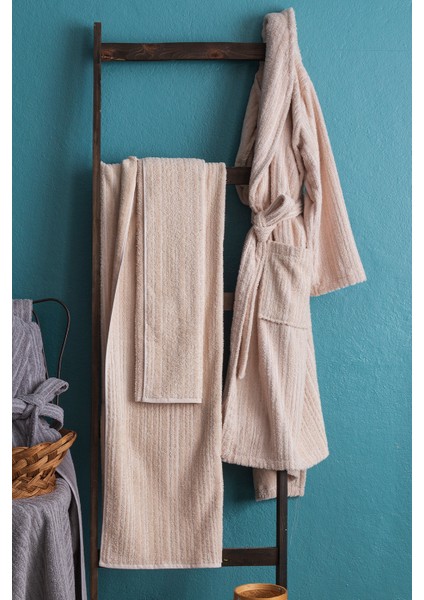 Timeless Gri-Bej %100 Pamuk 6 Parça Aile Bornoz Seti modelleri