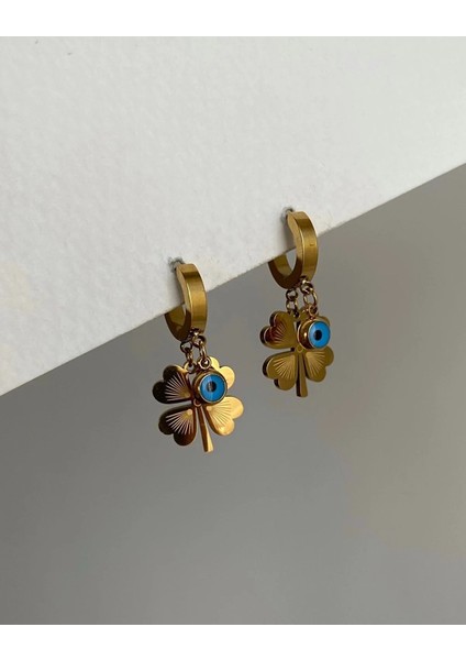 Kadın 316L Çelik Gold Yonca Nazar Detaylı Sallantılı Vintage Küpe