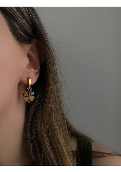 Kadın 316L Çelik Gold Yonca Nazar Detaylı Sallantılı Vintage Küpe fiyatları