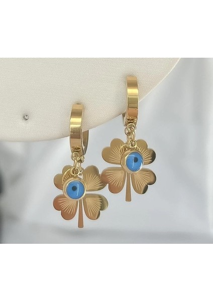 Kadın 316L Çelik Gold Yonca Nazar Detaylı Sallantılı Vintage Küpe modelleri
