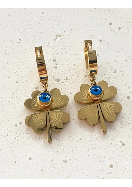 Kadın 316L Çelik Gold Yonca Nazar Detaylı Sallantılı Vintage Küpe fırsatları