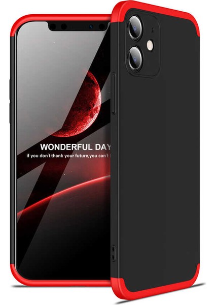 - Apple iPhone 12 - Kılıf Parmak izi Yapmayan 3 Parça Ays Kapak - Siyah-Kırmızı - T15828