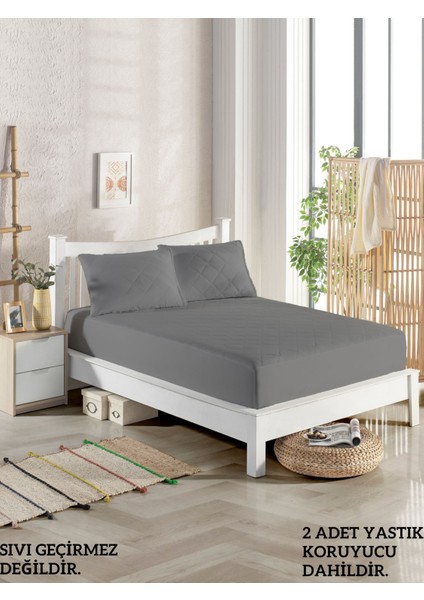 160X200 Çift Kişilik Yatak Koruyucu Alez Seti %100 Pamuk Kapitoneli Fitted Gri