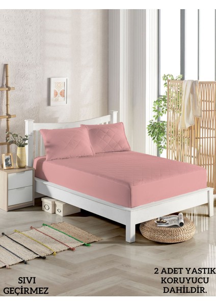 150X200 Çift Kişilik Sıvı Geçirmez Yatak Koruyucu Alez Seti %100 Pamuk Kapitoneli Fitted Pembe