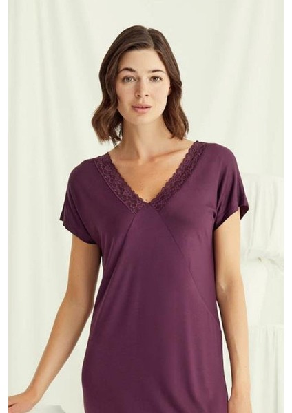 18500 Kadın V Yaka Kısa Kollu Gecelik-Bordo fiyatları