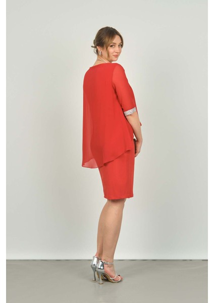 Kadın Sıfır Yaka Üstü Şifon Kol Manşetli Taşlı Abiye Elbise 1987 Kırmızı indirimleri