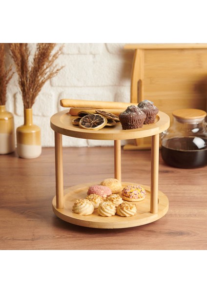 Bambu 2 Katlı Döner Sunumluk- Açık Kahverengi - 34,5x20,5 cm