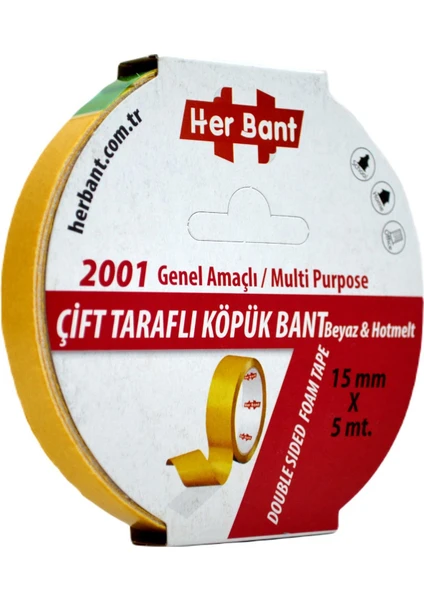 Her Bant 15MMX5MT Çift Taraflı Köpük Band Özel Bant Pe-Hotmelt Yüksek Kalite