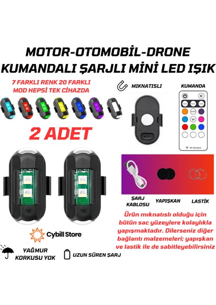 Kumandalı Çakarlı Şarjlı 7 Renk ve 20 Modlu 2 Adet Mini LED Işık Drone Motorsiklet Araba Bisiklet Işığı