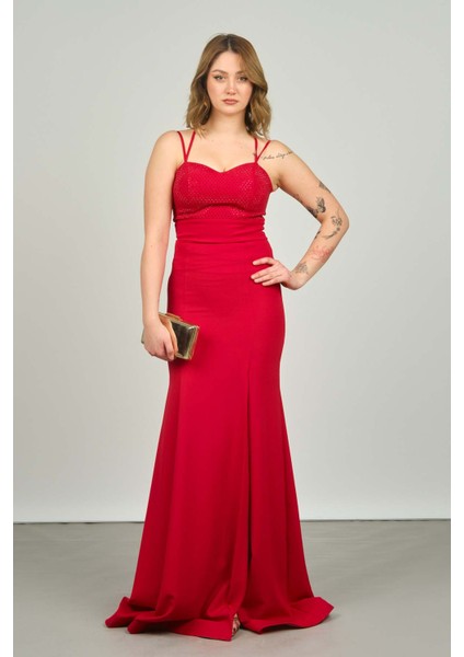 Kadın Önü ve Arkası Taş Detaylı Uzun Abiye Elbise 1821 Kırmızı