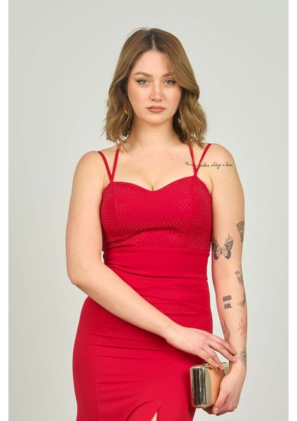 Kadın Önü ve Arkası Taş Detaylı Uzun Abiye Elbise 1821 Kırmızı fiyatları