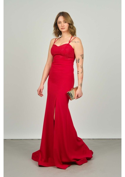 Kadın Önü ve Arkası Taş Detaylı Uzun Abiye Elbise 1821 Kırmızı modelleri