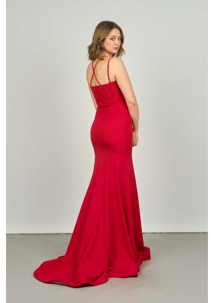 Kadın Önü ve Arkası Taş Detaylı Uzun Abiye Elbise 1821 Kırmızı fırsatları