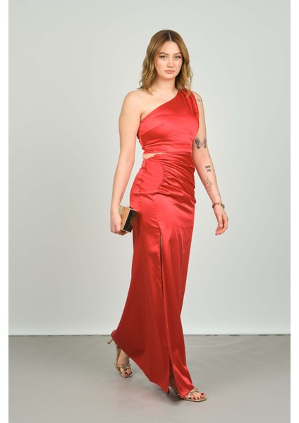 Kadın Tek Omuz Derin Yırtmaçlı Saten Abiye Elbise 1873 Kırmızı