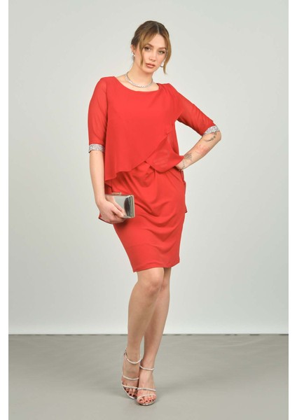 Kadın Sıfır Yaka Üstü Şifon Kol Manşetli Taşlı Abiye Elbise 1987 Kırmızı