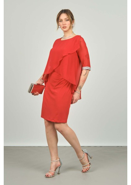 Kadın Sıfır Yaka Üstü Şifon Kol Manşetli Taşlı Abiye Elbise 1987 Kırmızı modelleri