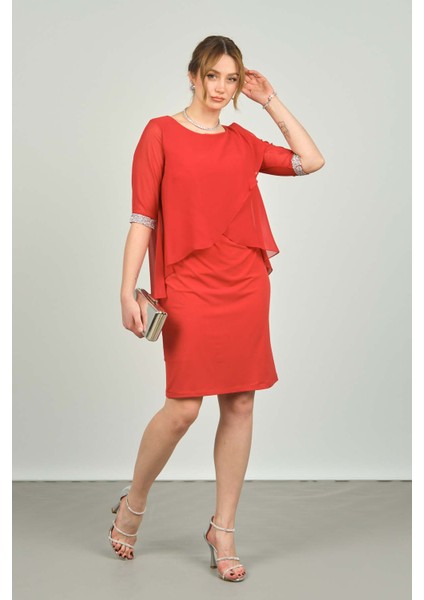 Kadın Sıfır Yaka Üstü Şifon Kol Manşetli Taşlı Abiye Elbise 1987 Kırmızı fırsatları