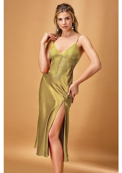 7136X Kadın Büyük Beden Saten Ip Askılı Yırtmaç Detaylı Uzun Gecelik-Yeşil