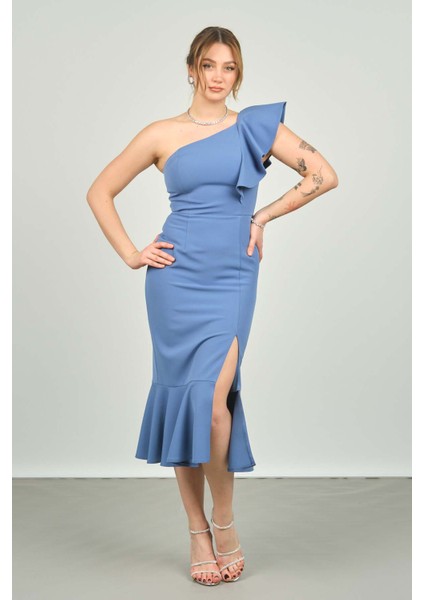 Kadın Tek Omzu Volanlı Midi Boy Abiye Elbise 1840 Indigo