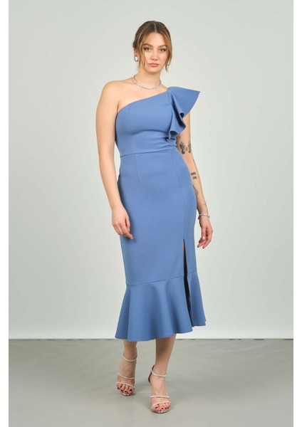 Kadın Tek Omzu Volanlı Midi Boy Abiye Elbise 1840 Indigo fiyatları
