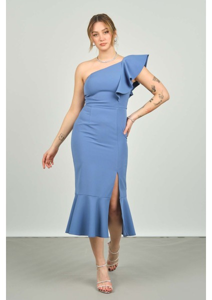 Kadın Tek Omzu Volanlı Midi Boy Abiye Elbise 1840 Indigo modelleri
