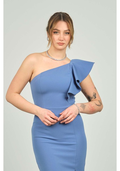 Kadın Tek Omzu Volanlı Midi Boy Abiye Elbise 1840 Indigo fırsatları