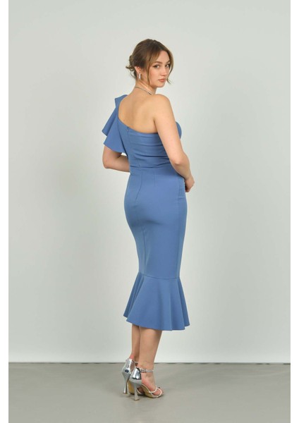 Kadın Tek Omzu Volanlı Midi Boy Abiye Elbise 1840 Indigo indirimleri