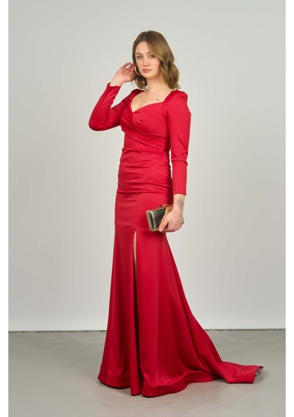 Kadın Kruvaze Kapama Uzun Kollu Yırtmaçlı Abiye Elbise 1926 Kırmızı